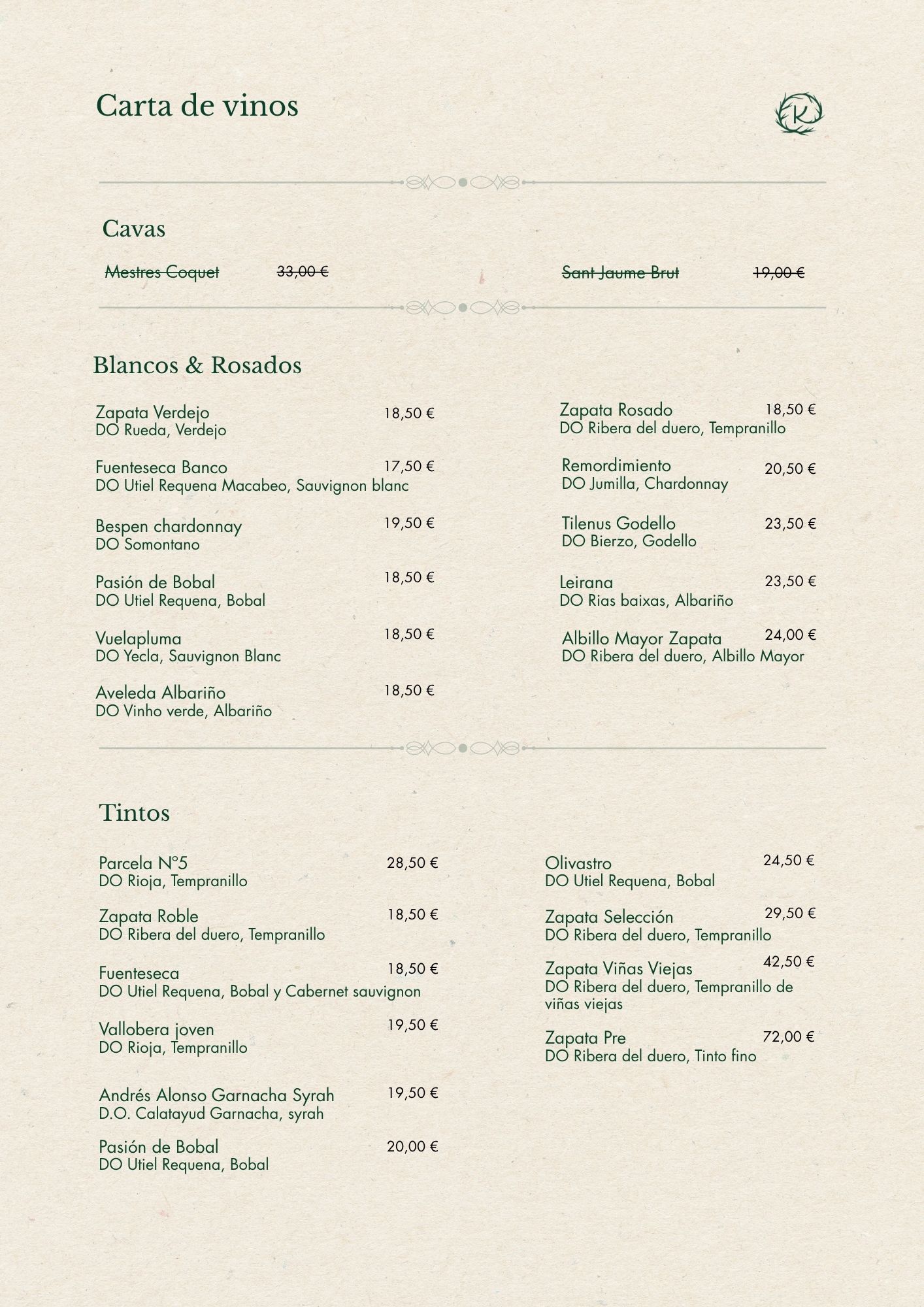 Carta de vinos KASTA